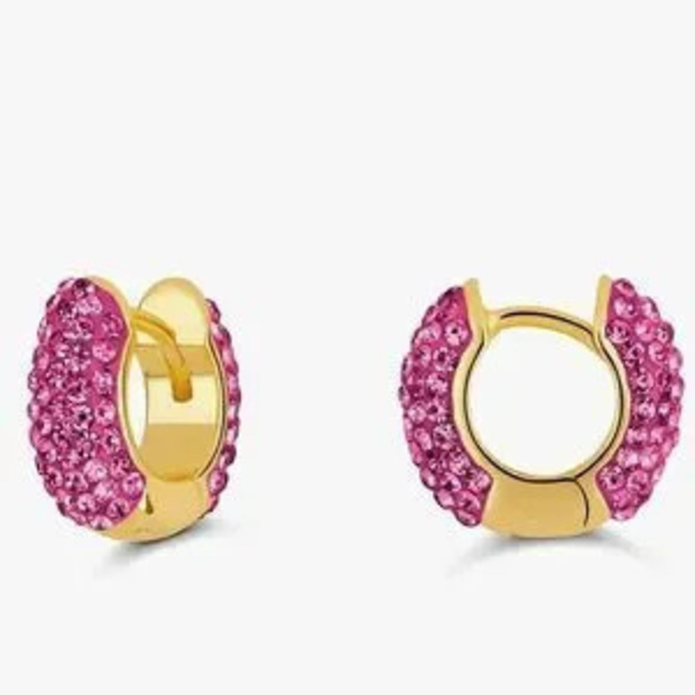 NEW?14k Gold Plated Gold and Pink Crystal Hoop Earrings - Picture 2 of 4